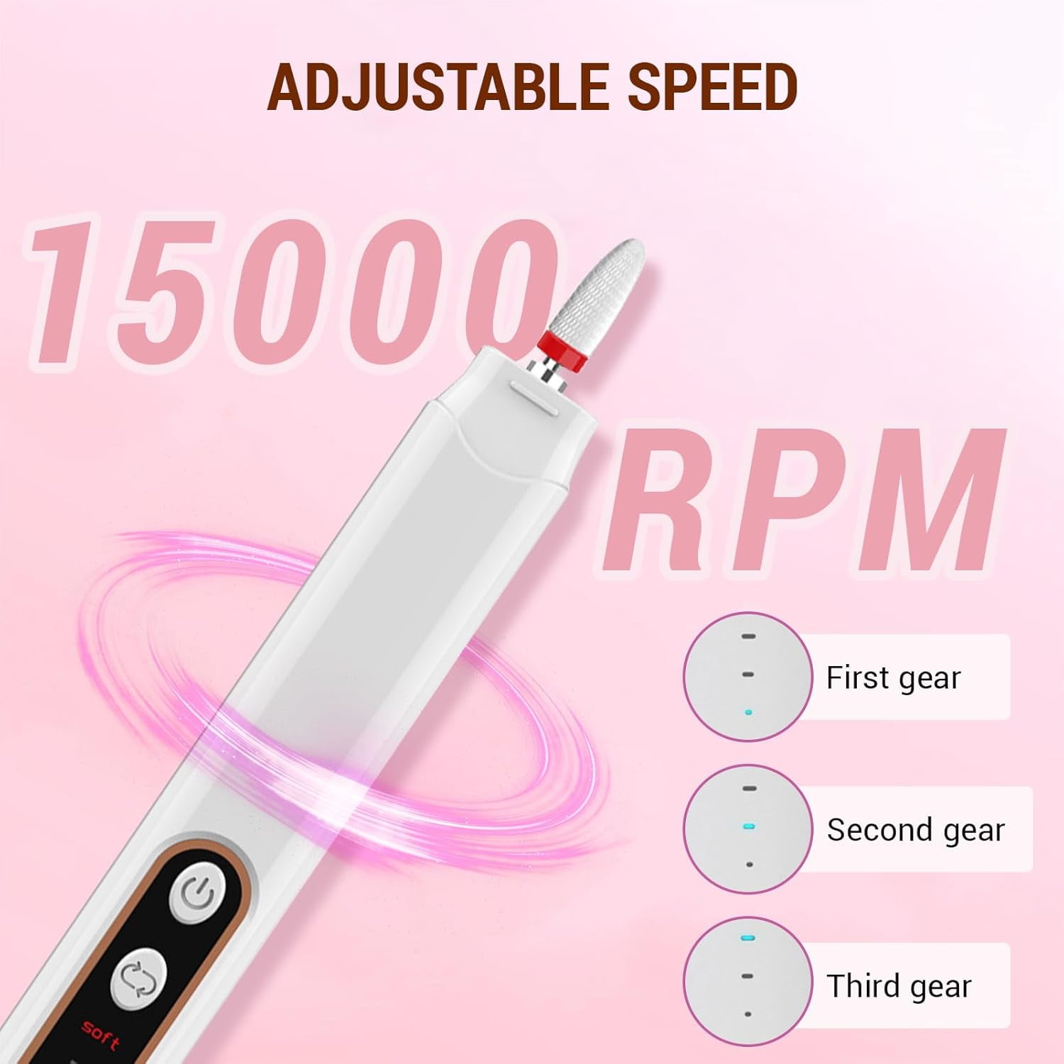 SONGAUN 3 Speeds Electric Nail File for Thick Toenails Set, 15000RPM Nail Grinder with 6 Drill Bits for Thick Toe Nails for Various Nails and Shapes