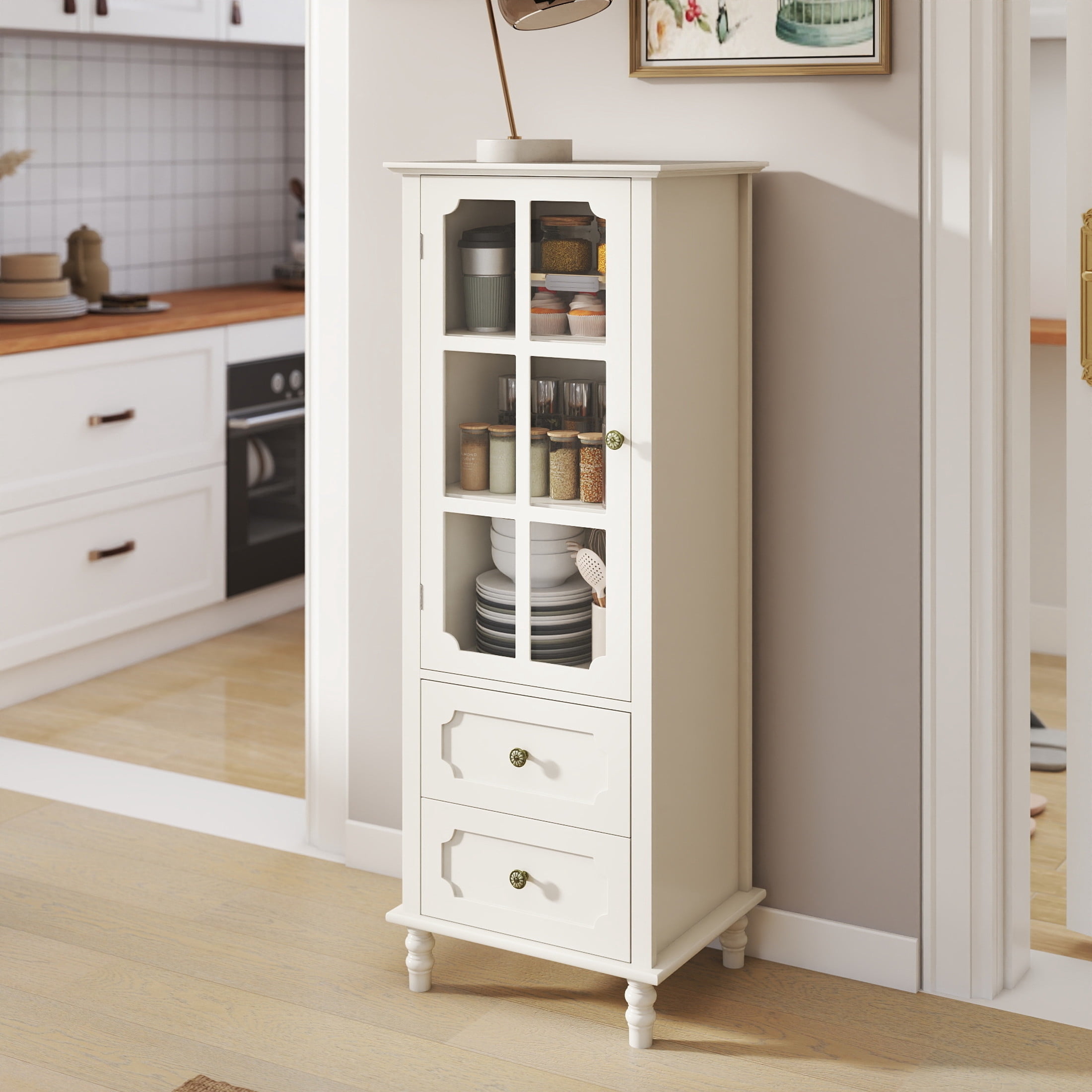 Noble House Nell 52" Tall Buffet Cabinet, Tempered Glass Doors, Wooden Storage Sideboard Cupboard, Creamy White