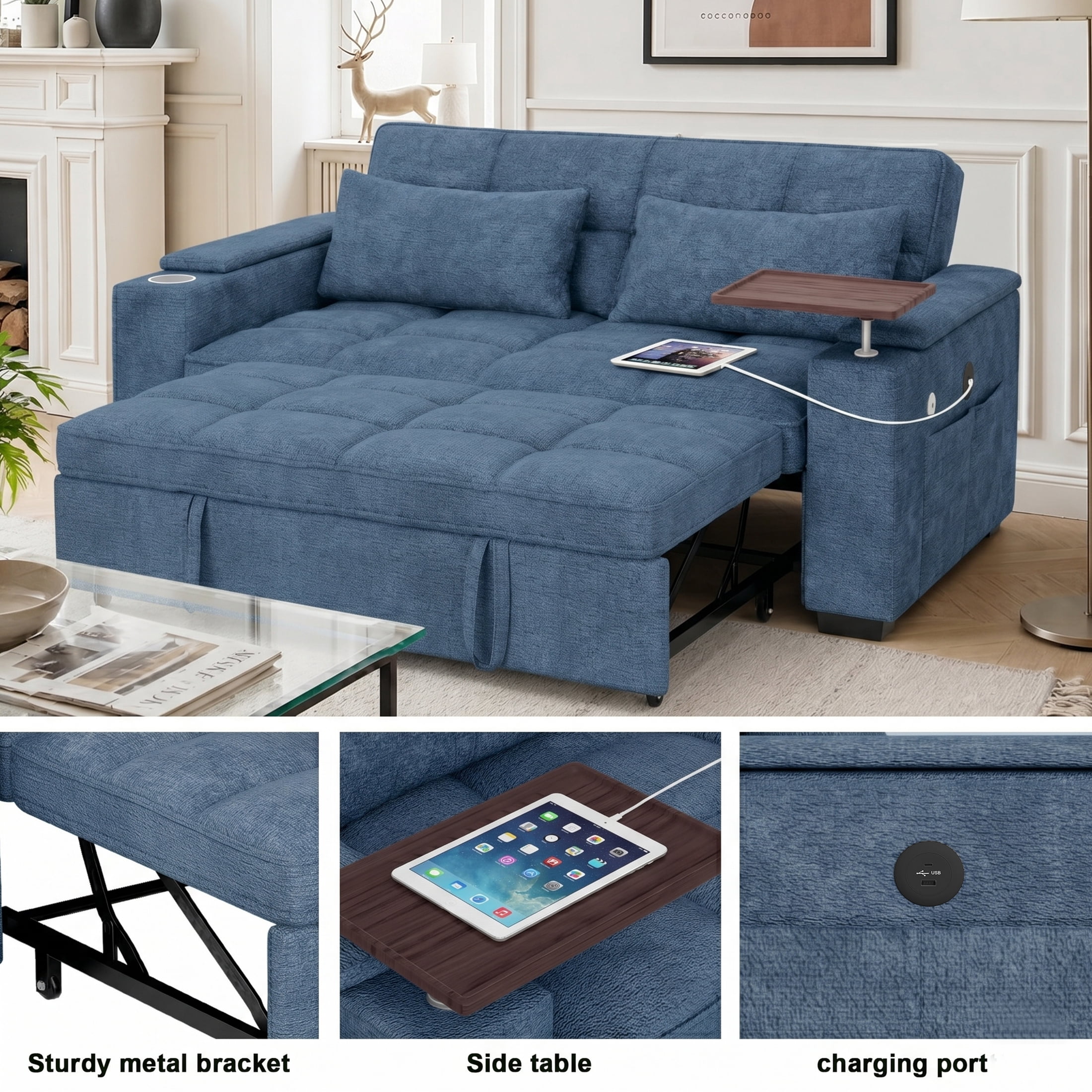 ShiKeyi 68.5'' 3-in-1 Velvet Convertible Sleeper Sofa, Pull Out Sofa Bed with Storage & Charging Port, Blue
