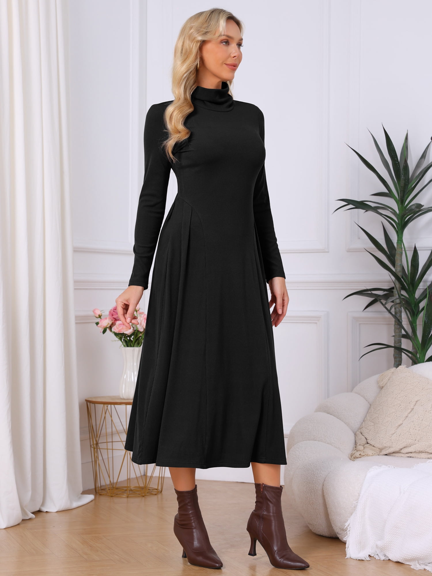 DARING DIVA Women's Sweater Turtleneck Long Sleeve A Line Knit Dress L Black