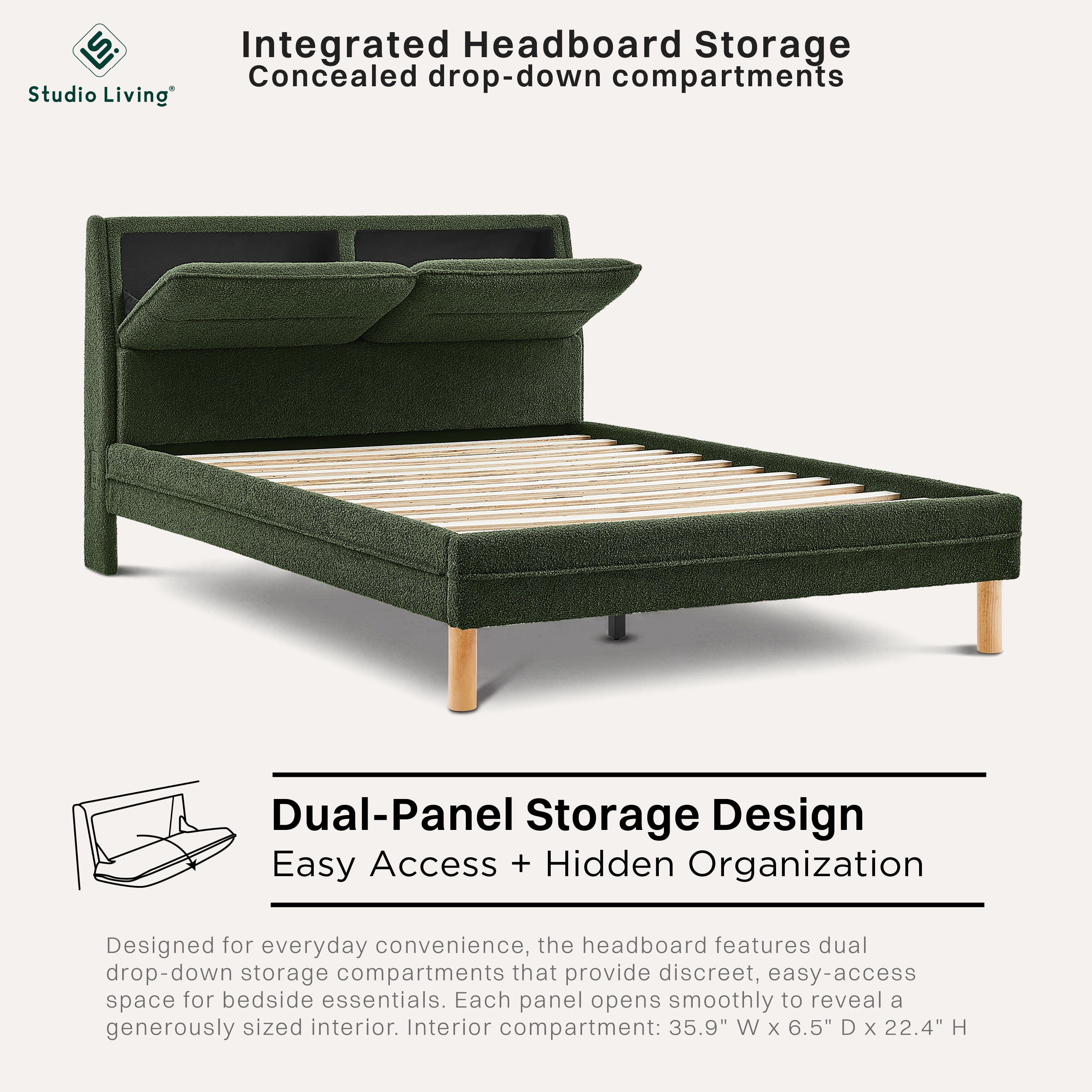 Studio Living Emilia Upholstered Queen Size Bed with Storage Headboard, Green