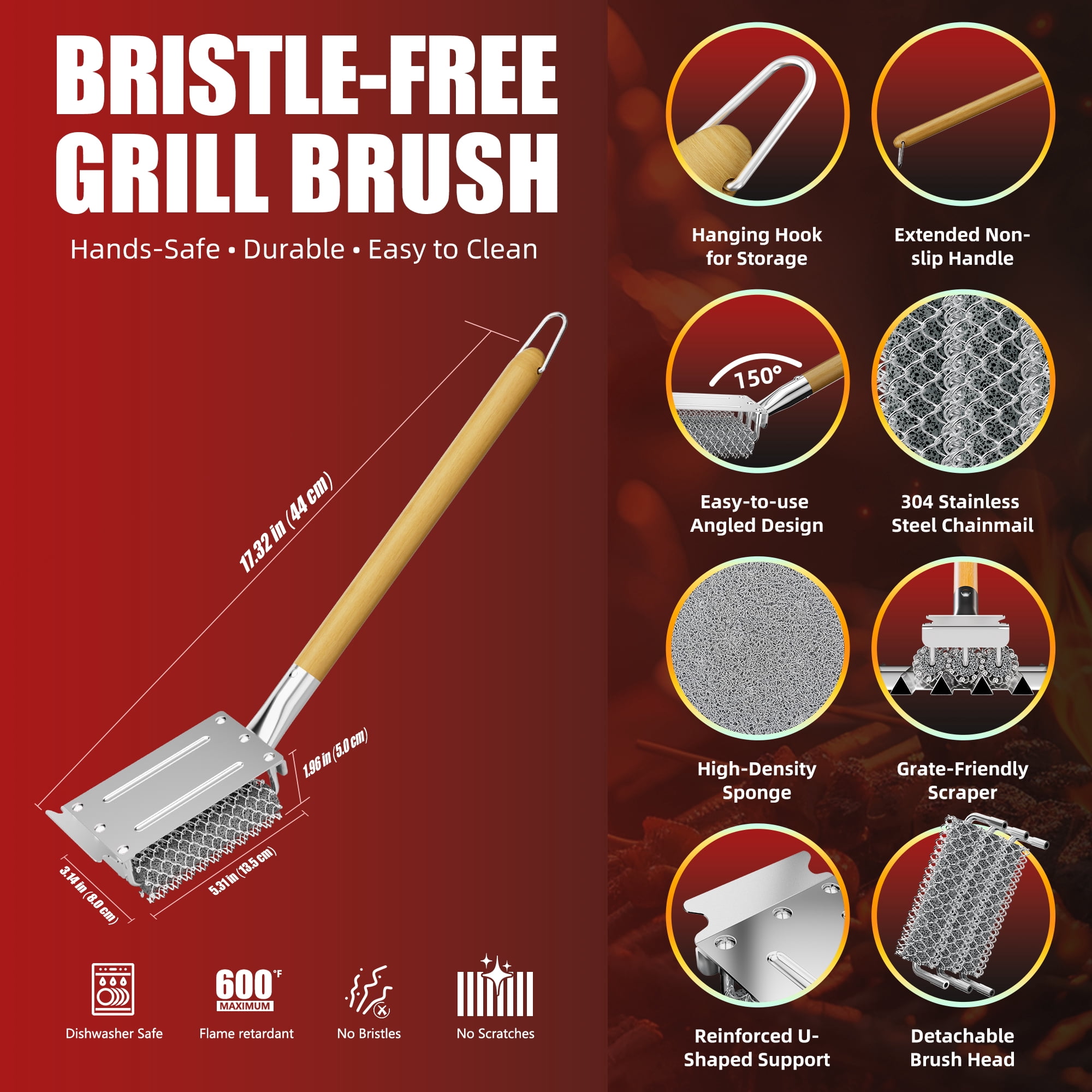 Rosaver Bristle Free Grill Brush and Scraper, BBQ Grill Cleaner with 3 Replacement Heads, 304 Stainless Steel, Safe for Gas, Charcoal & Porcelain Grills