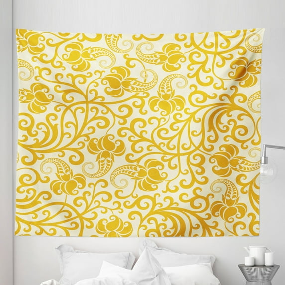 Art Nouveau Tapestry, Rococo Style Curved Spring Blooms Branches Leaves Boho, Fabric Wall Hanging Decor for Bedroom Living Room Dorm, 5 Sizes, Pale Yellow Earth Yellow, by Ambesonne