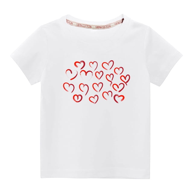 tarylea T-Shirt en Coton pour Fille Garçon Saint-Valentin Imprimé Cœur Manches Courtes Col Rond