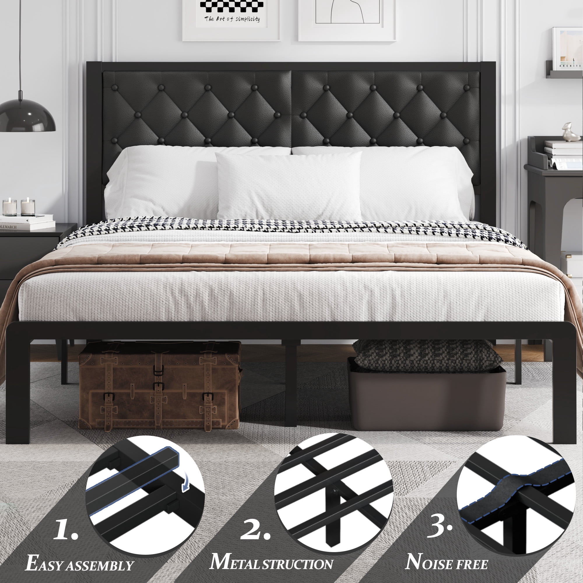 Bed Frame with Headboard PU Leather Upholstered, All Metal Slats Support Platform, Queen, Black