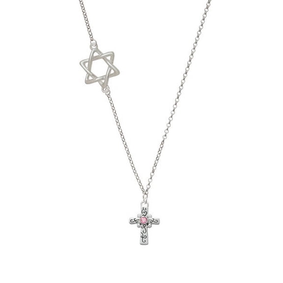 Scroll Cross with Pink Crystal Delicate Star of David Necklace