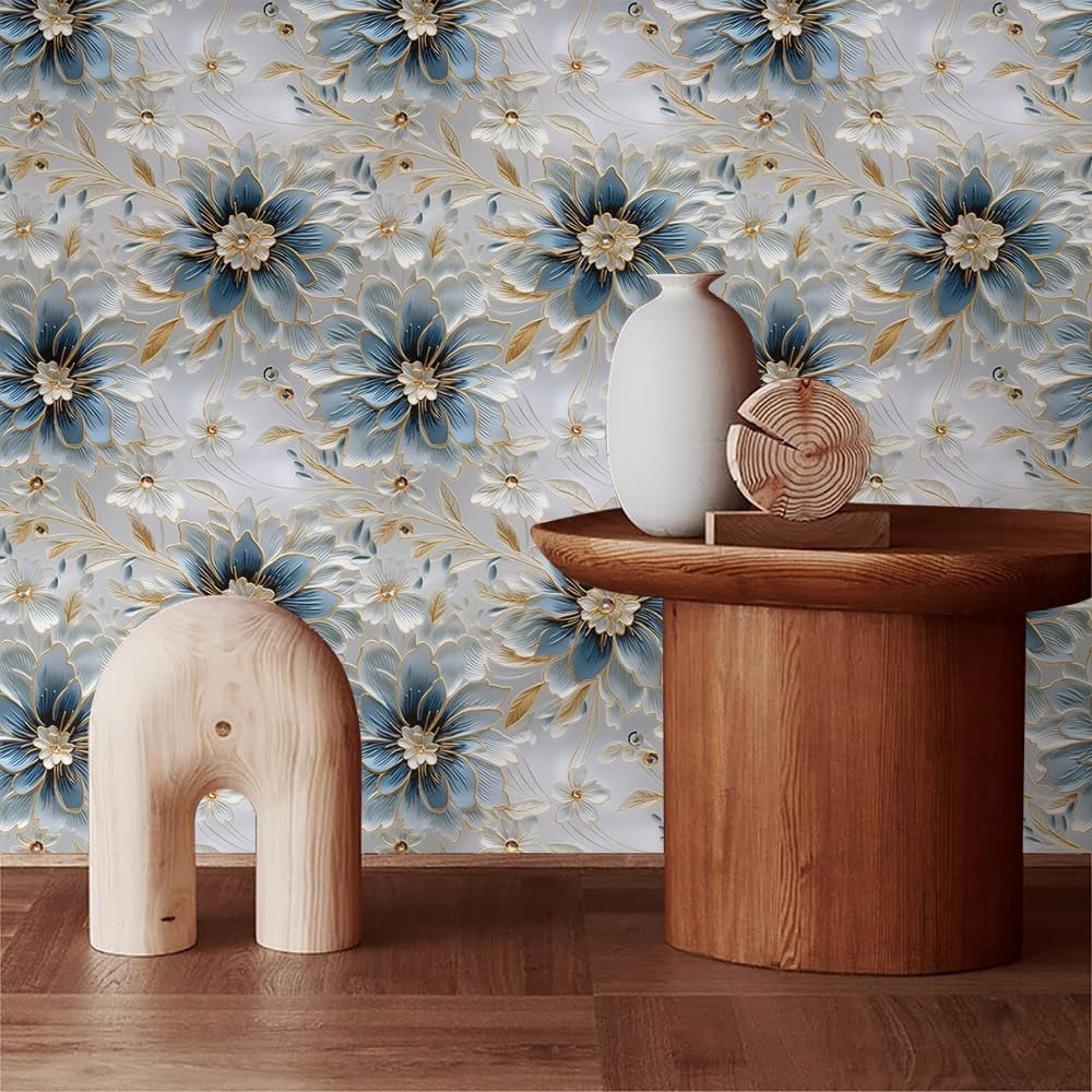 White Blue Grey Peony Floral Vintage Peel and Stick Wallpaper Contact Paper Vinyl Stick on Wall Paper for Bedroom Bathroom Kitchen Cabinet Renter Friendly