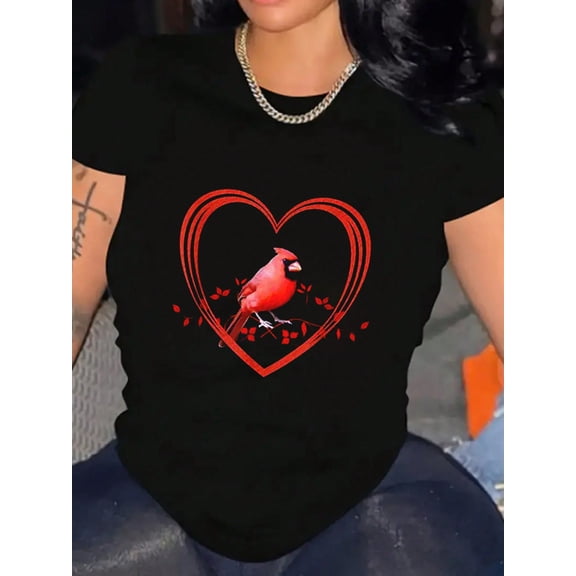 Cardinal Bird Valentine's Day Heart Graphic Women Short Sleeve T-Shirt