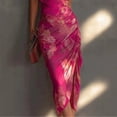 thumbnail image 3 of 2026 New Women's Hot Pink Floral Halter Slip Midi Dress Cowl Neck Ruched High Slit Bodycon Party Dress, 3 of 5