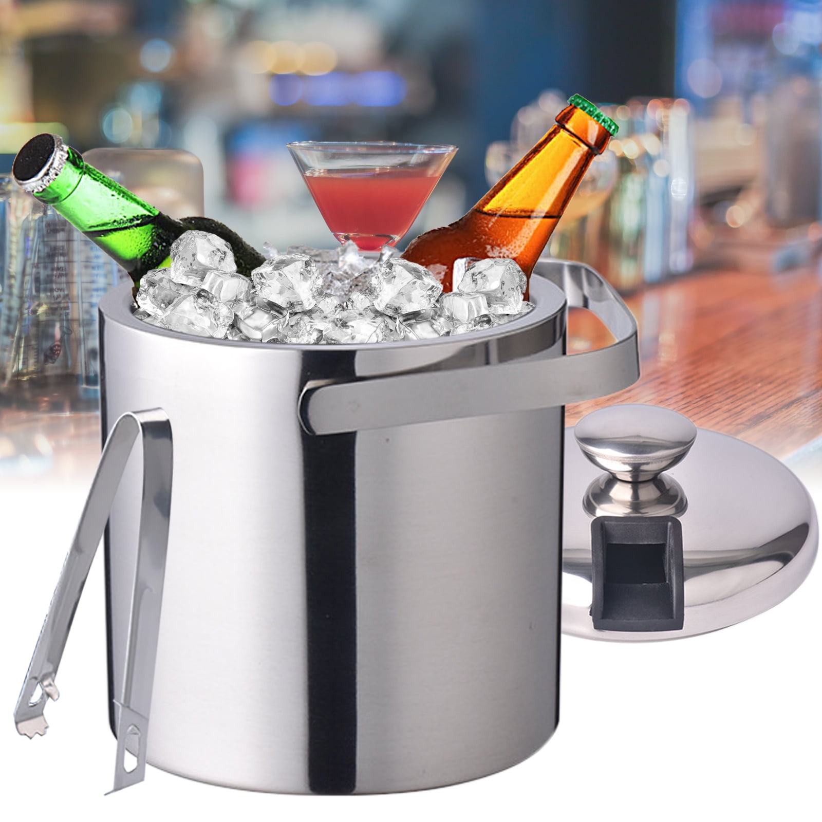 Loyalheartdy 1.3L Double-Wall Insulated Ice Bucket Stainless Steel Ice Cube Beverage Container Silver w/Ice Tongs + Lid