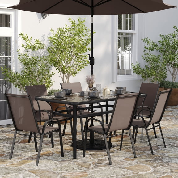 Merrick Lane 7 Piece Outdoor Dining Table Set for 6 with Glass-Top Patio Table and 6 Stack Chairs with Flex Comfort Material in Brown