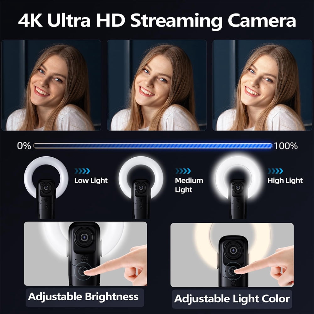 4K Streaming Webcam with AI Autofocus, Ring Light, Mic, Remote, USB  and Play for YouTube Zoom Live Video Calls
