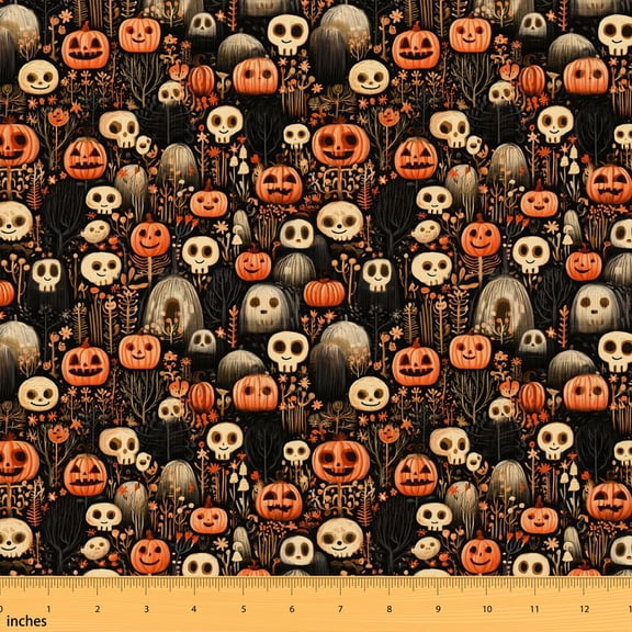 Manfei Gothic Pumpkin Fabric by the Yard 1 Yard, Happy Halloween Home Decor Fabric by the Yard, Orange Black Halloween
