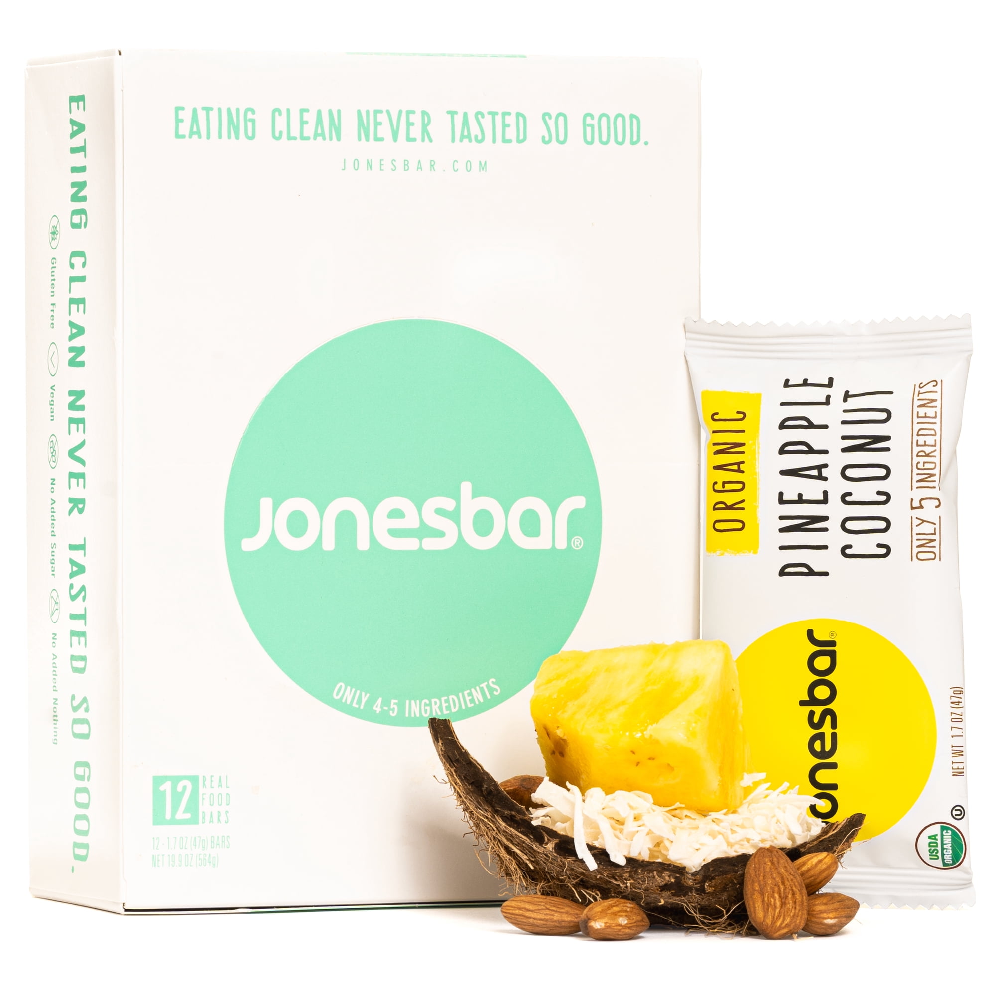 JONESBAR (Pineapple and Coconut, 12 Count (Pack of 1)), USDA Organic Fruit & Nut Bar, Non-GMO, Kosher, Vegan, Gluten Free, Simple Snack Bar