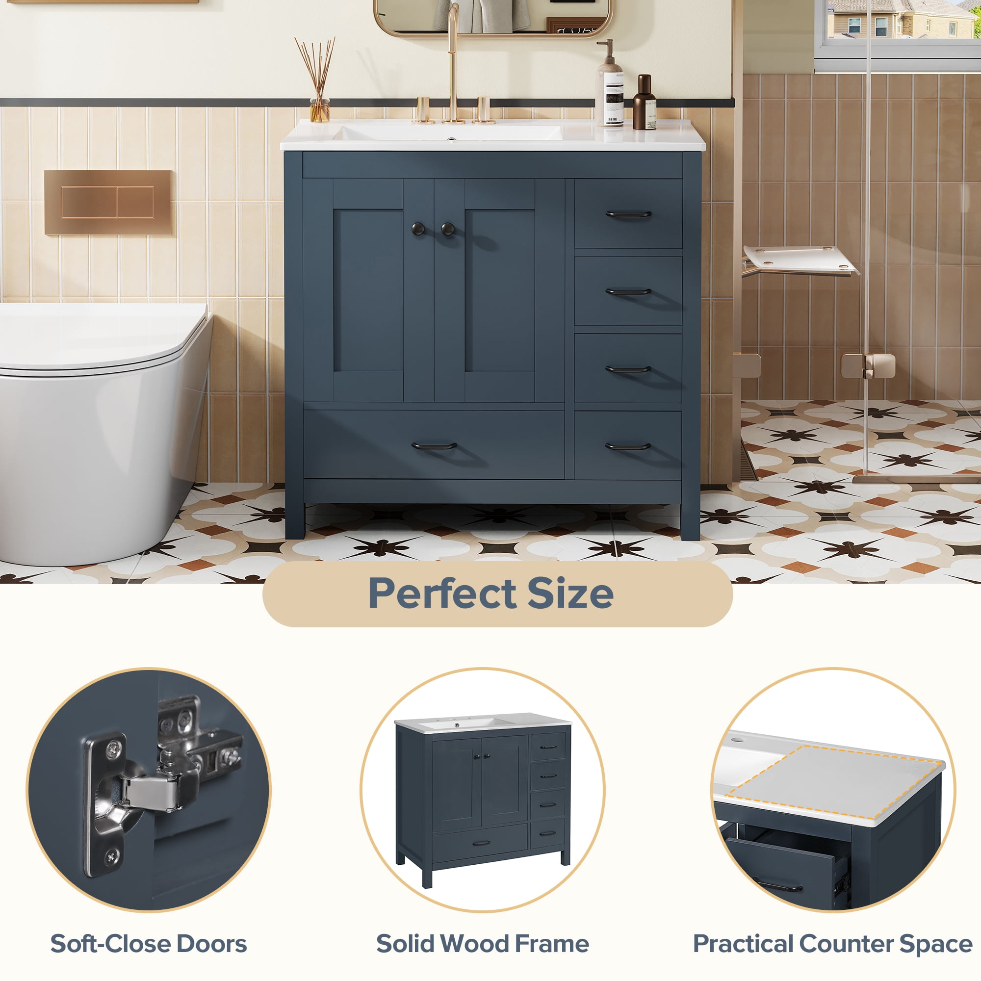 Euroco 36" Blue Bathroom Vanity with Ceramic Sink Combo, Abundant Storage Cabinet -2 Soft close doors and 5 drawers