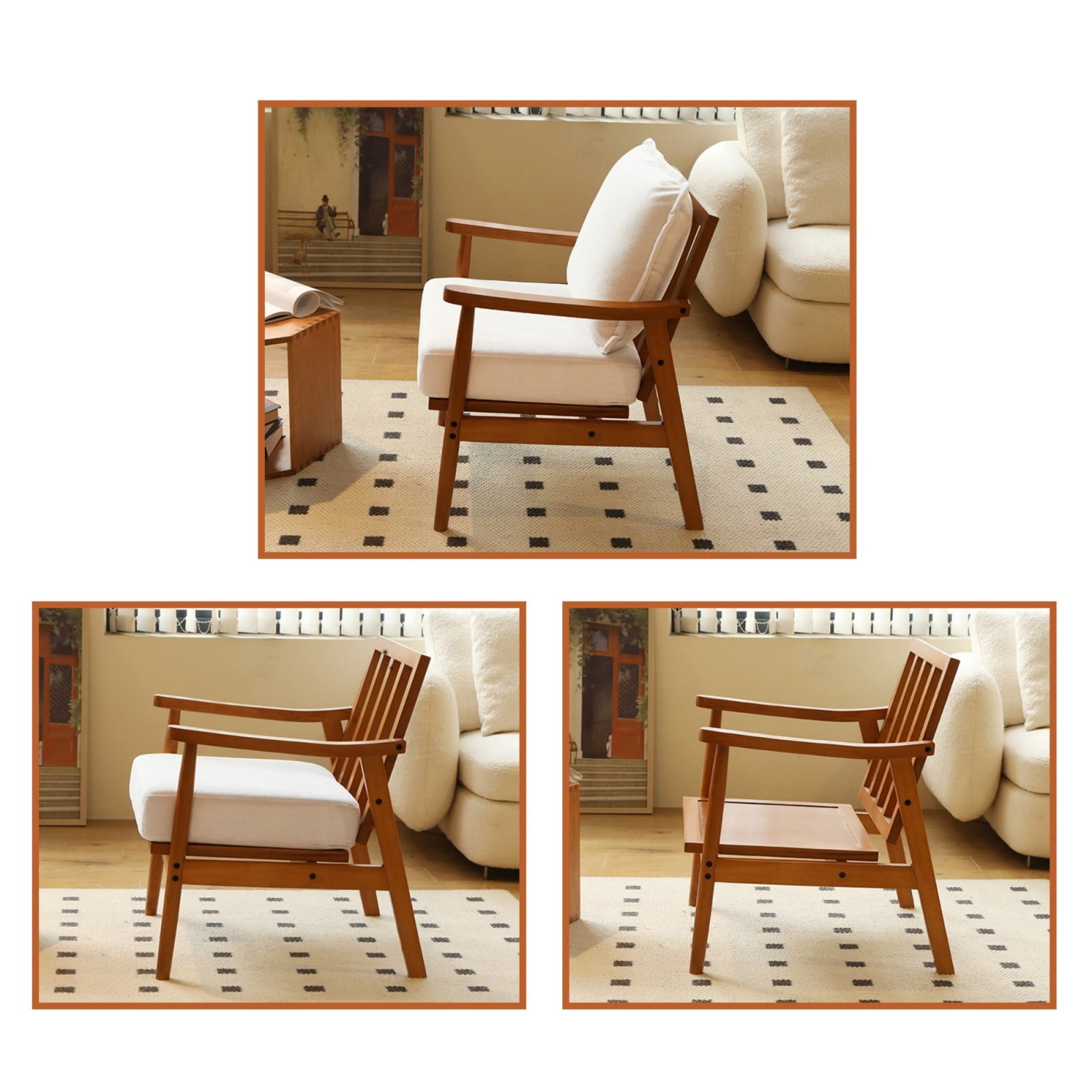 Cute Accent Chair Solid Wood Frame Living Room Chair with Soft Fabric Cushion Comfy Armchair Reading Chair for Bedroom Apartment Balcony Waiting Room, White