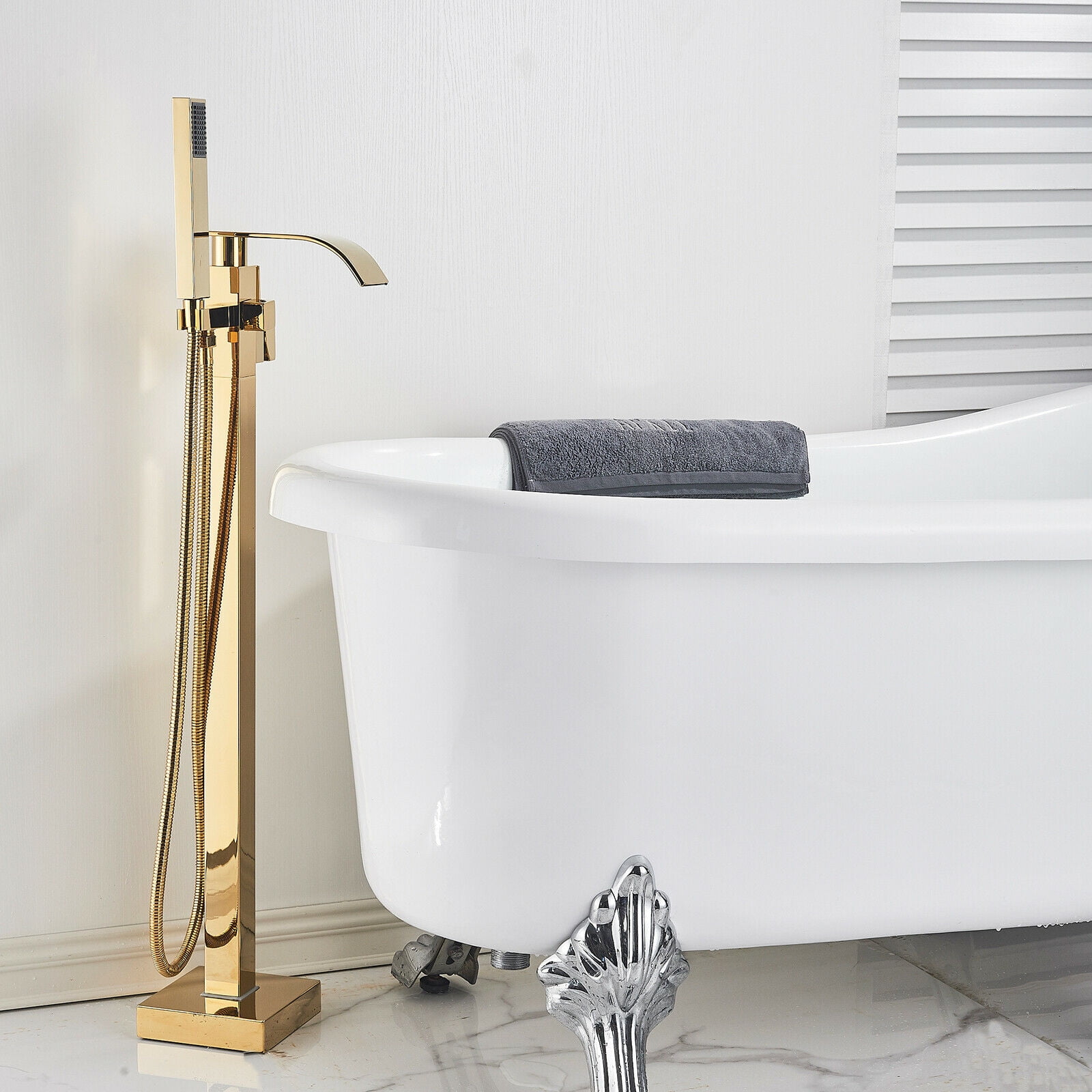 Zovajonia Gold Free Standing Floor Mount Bathtub Mixer Faucet Waterfall Tub Filler Sprayer