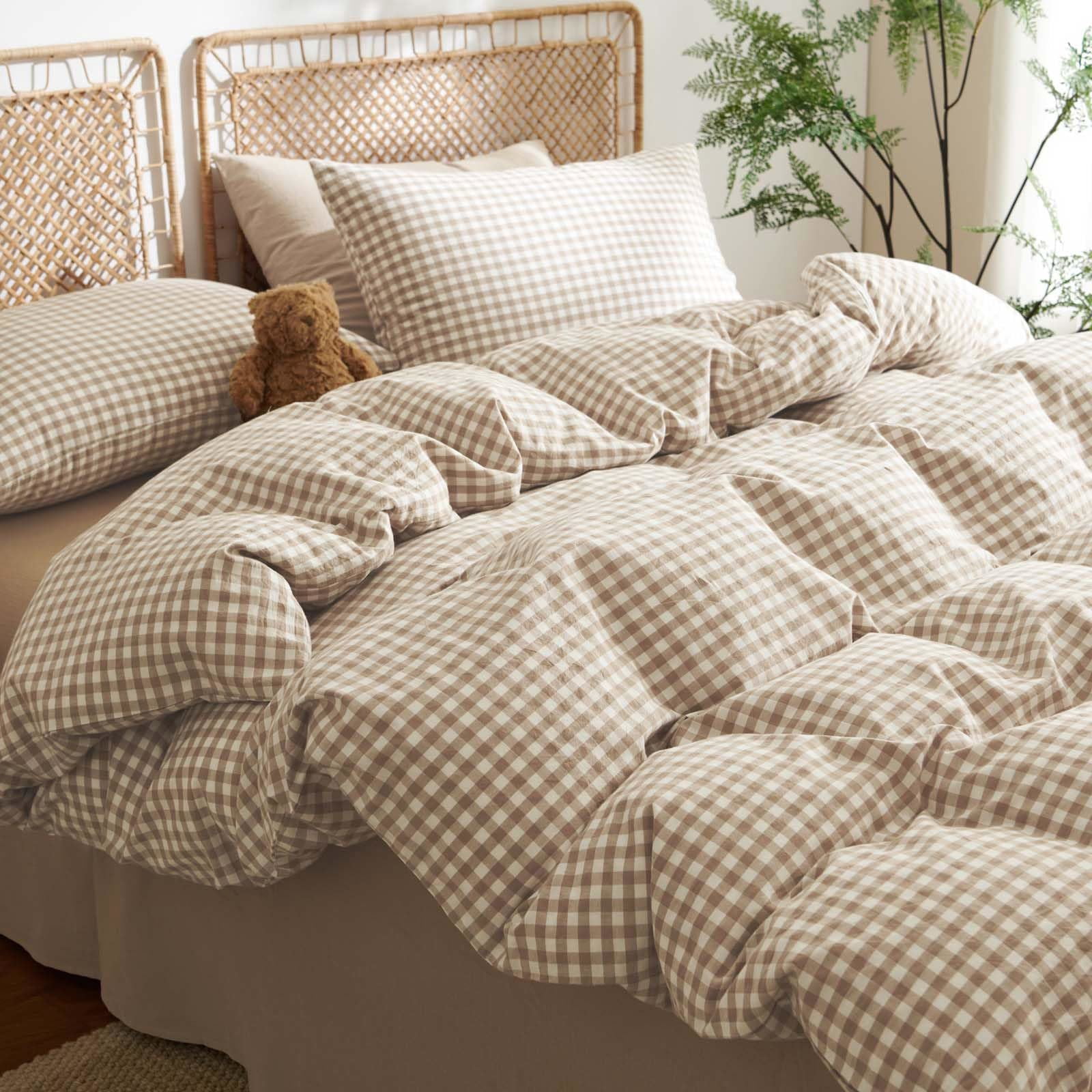 2 Pieces Khaki Gingham Duvet Cover 100% Washed Cotton Plaid Checkered Twin Duvet Cover Set Modern Grid Bedding Set with Zipper Closure Corner Ties