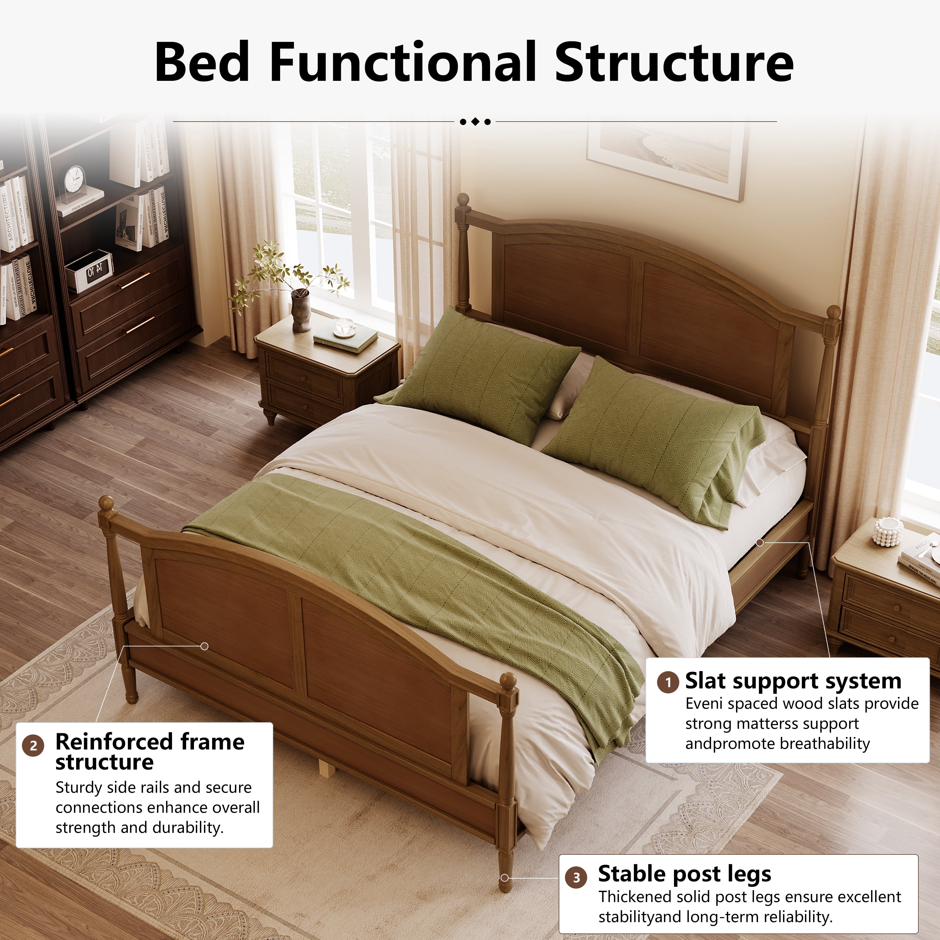 Euroco Wood Queen Size Platform Bed, Traditional Farmhouse Style Bed with Arched Panel Headboard and Spindle Posts, No Box Spring Needed, Walnut
