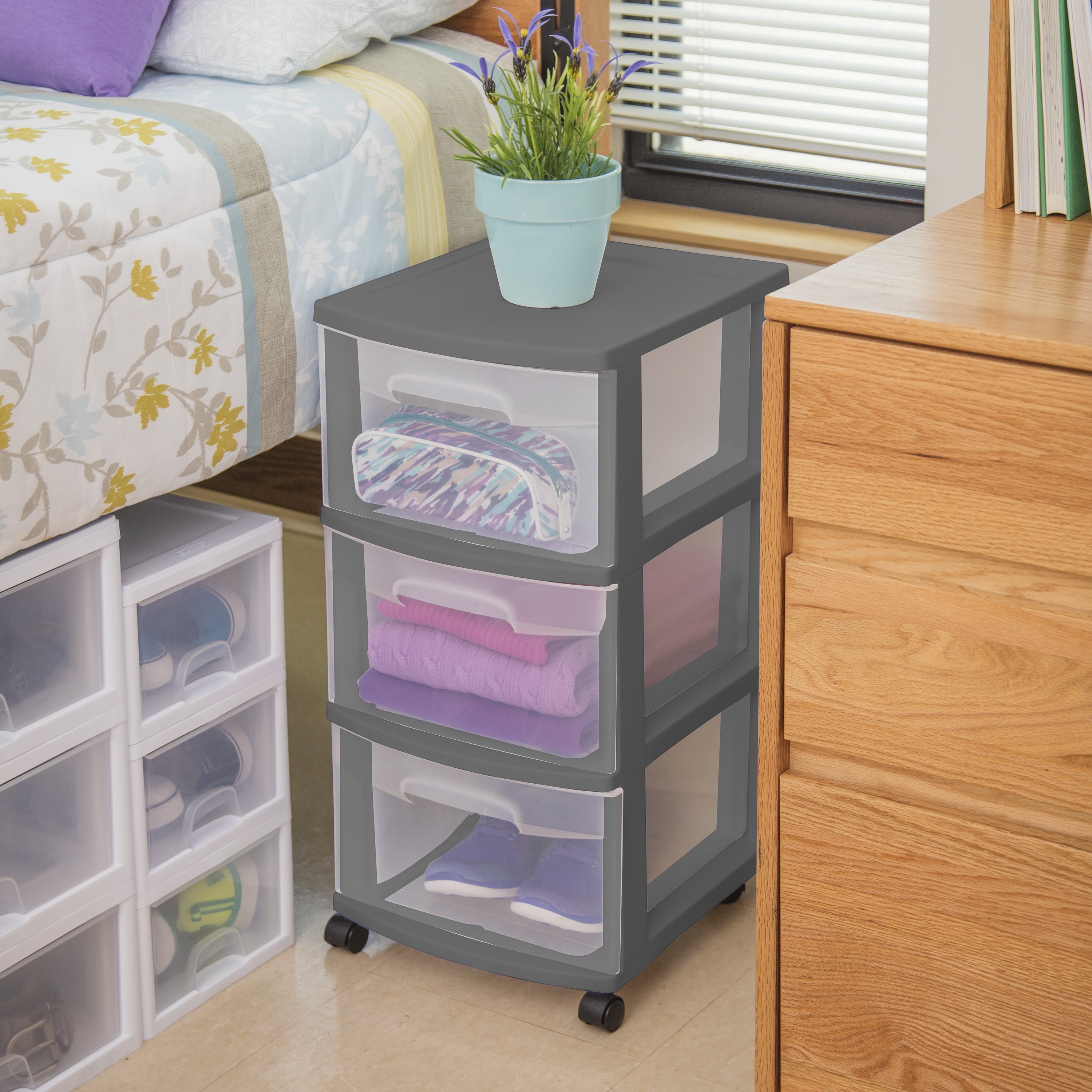 Sterilite 3 Drawer Cart Plastic, Gray Flannel, Set of 2