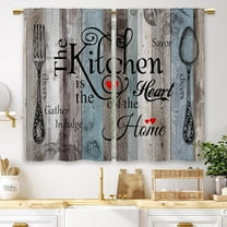 Teal Blue Farmhouse Rustic Kitchen Curtains Wooden Wood Small Short Cafe Window Curtains Vintage Fork Spoon RetroBathroom Living Room Bedroom Window Drapes Treatment 2 Panels (27.5x36 Inch)