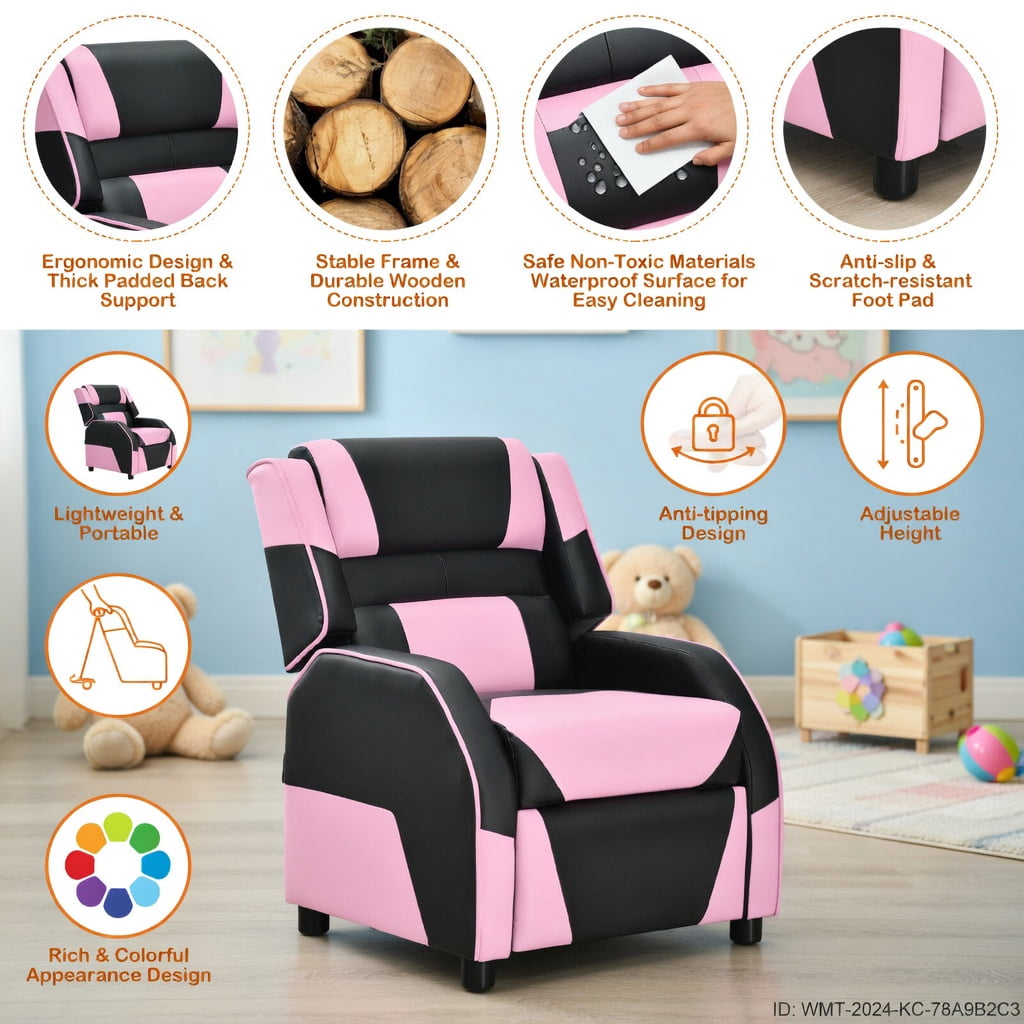 Barara King Kids PU Leather Recliner Chair with Headrest and Footrest, Kids Gaming Sofa Recliner Chair for Living Room, Bedroom, Pink