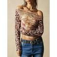 thumbnail image 6 of Women'S Floral Off Shoulder Long Sleeve Tops Fall Mesh Ruched Fitted Trendy Going Out Shirts Blouses Leopard Print S, 6 of 10