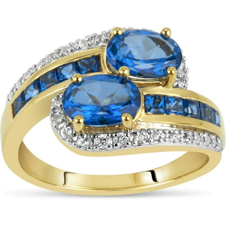 Double Oval Kashmir Blue Topaz And Round White Topaz Swarovski Genuine Gemstone 18kt Gold Over Sterling Silver Bypass Ring