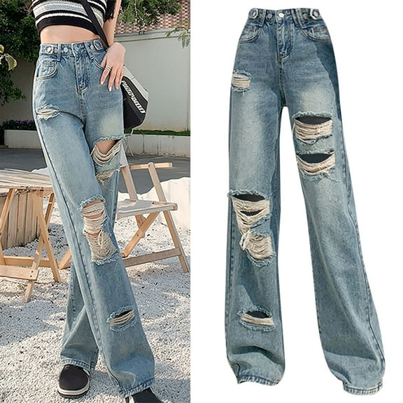 Fashion Wide Leg Ripped Pants Jeans Summer High Waist Straight Loose Skinny Design Nine Quarter Pants plus Size Women on Pant Women Jean Pants Women High Waist Denim Leggings Denim Look Leggings Jean