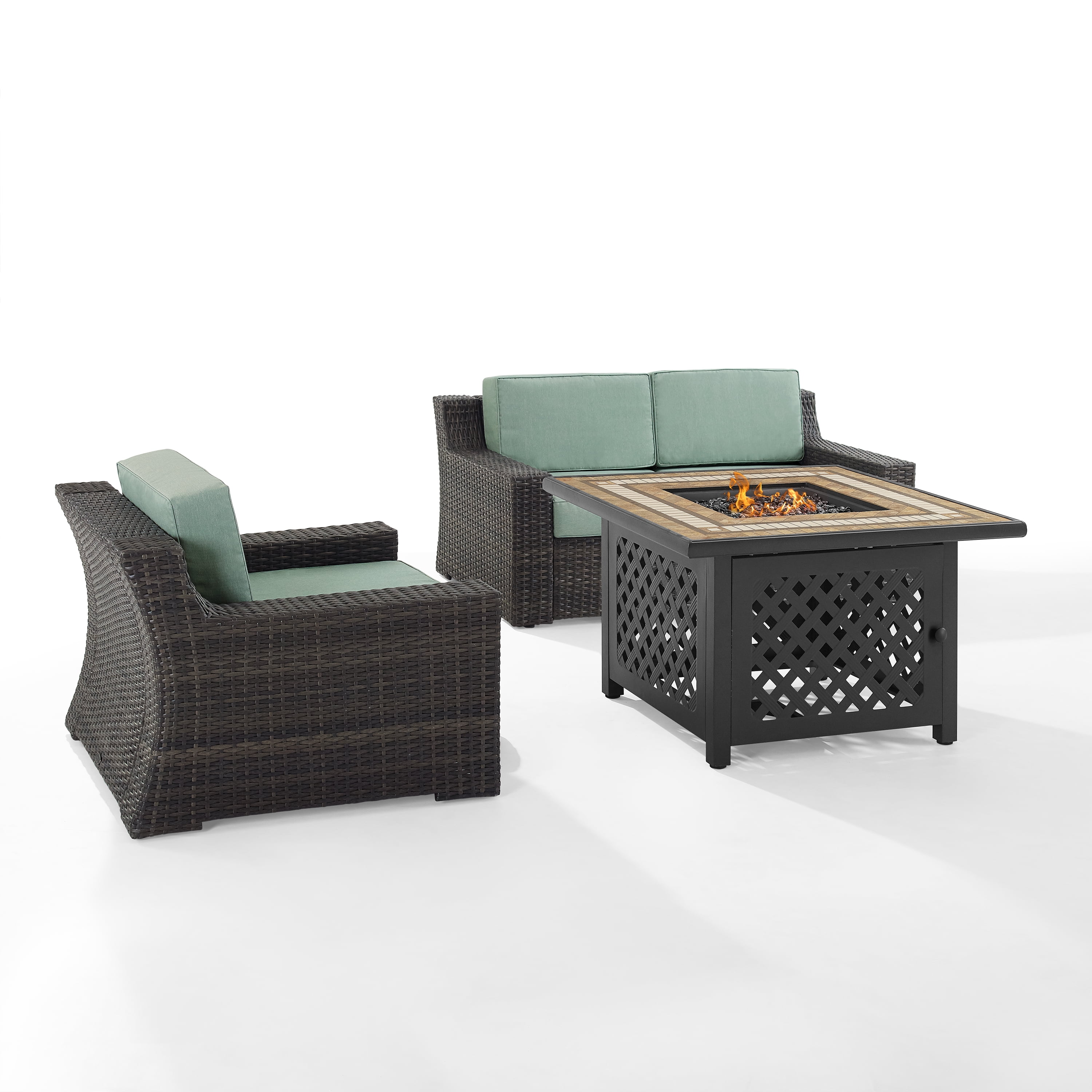 Crosley Furniture Beaufort Mist/Brown 3 Piece Outdoor Wicker Conversation Set with Fire Table