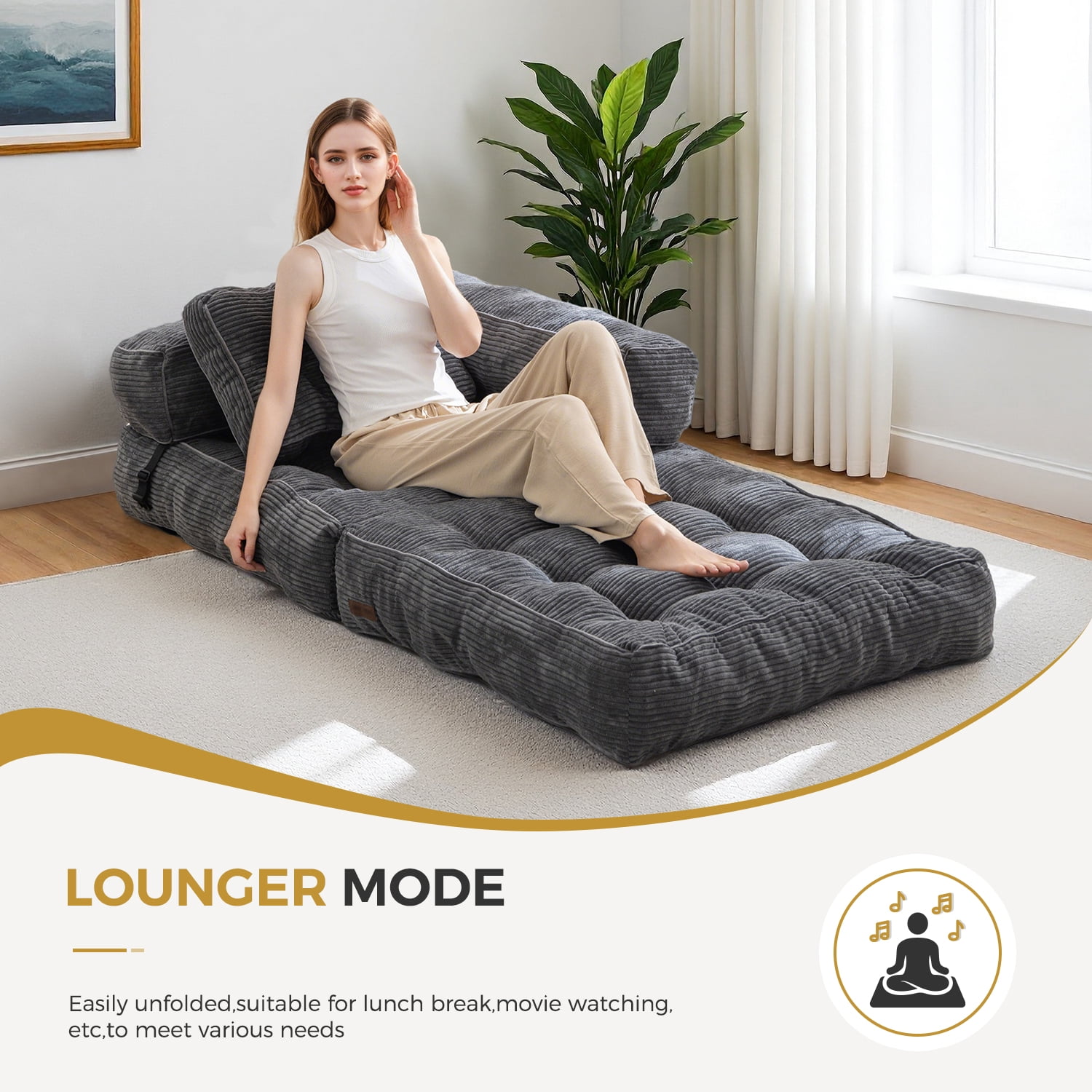 BYBYME Folding Sofa Bed,8 Inch L Shape Convertible Sofa Bed with Armrests,Floor Sofa Bed with Pillows,Portable Folding Chair Bed,Lounger for Living Room and Bedroom,etc.,DGrey