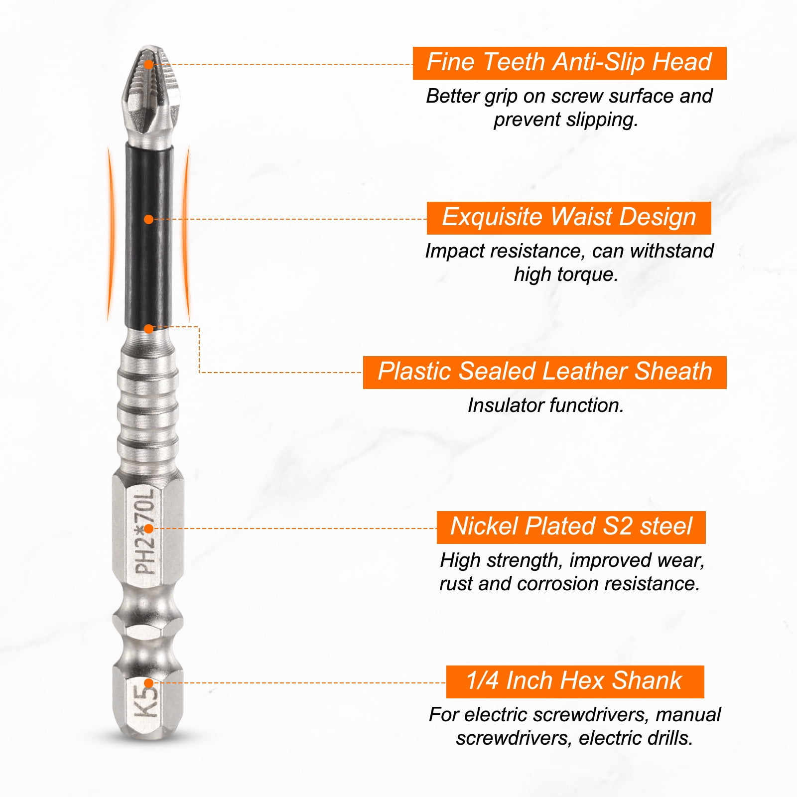 9pcs Impact Phillips Screwdriver Bit PH2 (#2) Anti Slip Tip 1/4" Hex Shank 5" (150mm) Long Magnetic Cross Screw Driver Industrial Power Drill Bits for Remove Fastening Screws