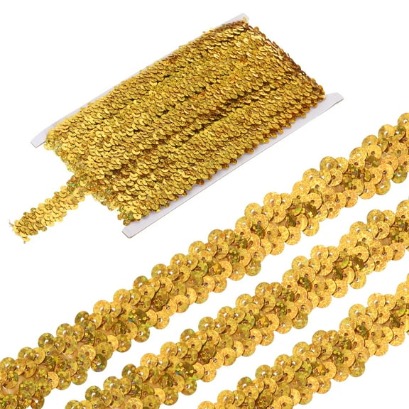 Uxcell 5 Yards 0.8 Inch Elastic Sequins Trim 2 Row Flat Sequin Strip Paillette Fabric Ribbon for Crafts DIY Fringe Sewing Costume Dress, Laser Gold