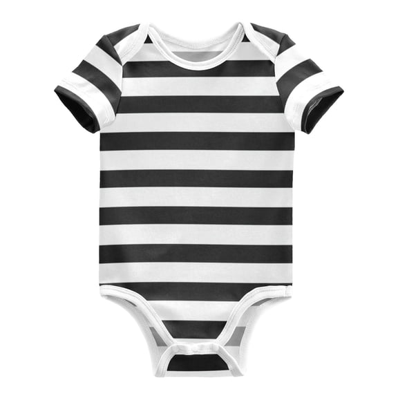 Black White Horizontal Narrow Stripes Pure Cotton Bodysuit Short Sleeve Pajamas One-Piece Romper Unisex 3 Months