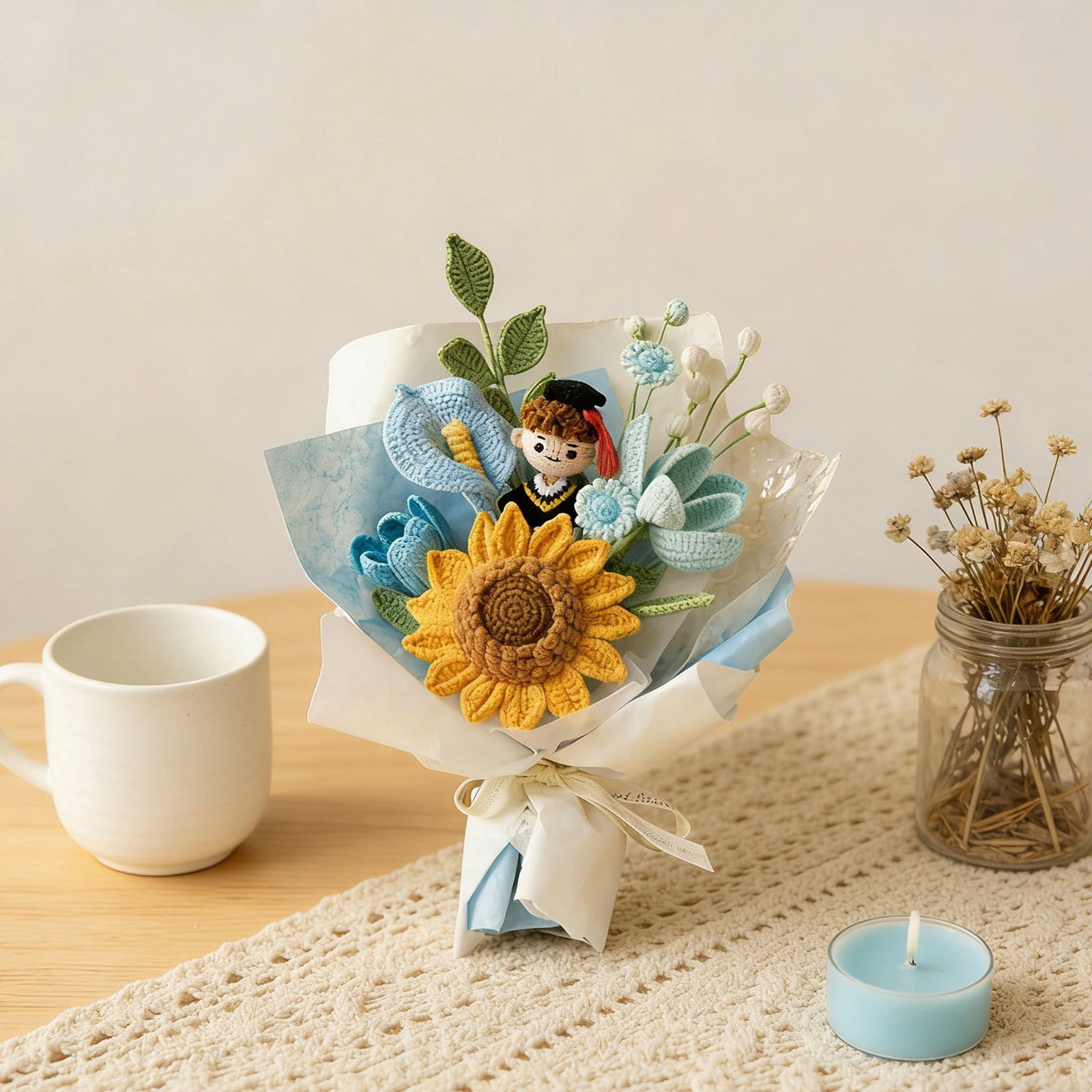 Home Accent Decor, Graduation Celebration Gift, Crochet Floral Bouquet, Knitted Sunflower Gift, Artificial Knit Flowers, Handmade Grad Gift, Crochet Bouquet Decor, Sunflower Knitted Bouquet