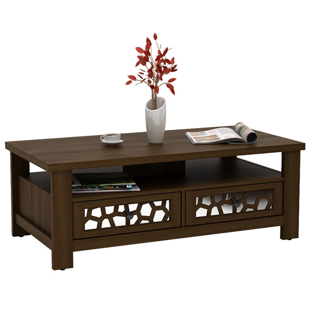 Finihen Coffee Table, Rectangular Coffee Table, 3-tier Coffee Table with 2 Drawers and 5 Support Legs, for Living Room, Reception Room, Office, Brown Finihen Coffee Table, Rectangular Coffee Table, 3-tier Coffee Table with 2 Drawers and 5 Support Legs, for Living Room, Reception Room, Office, Brown