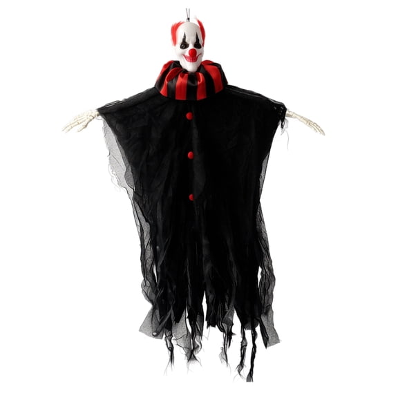 Hanging Clown Prop with Tattered Cape and Skeletal Arms, Red and Black, for Outdoor Porch Or Yard Halloween Decoration