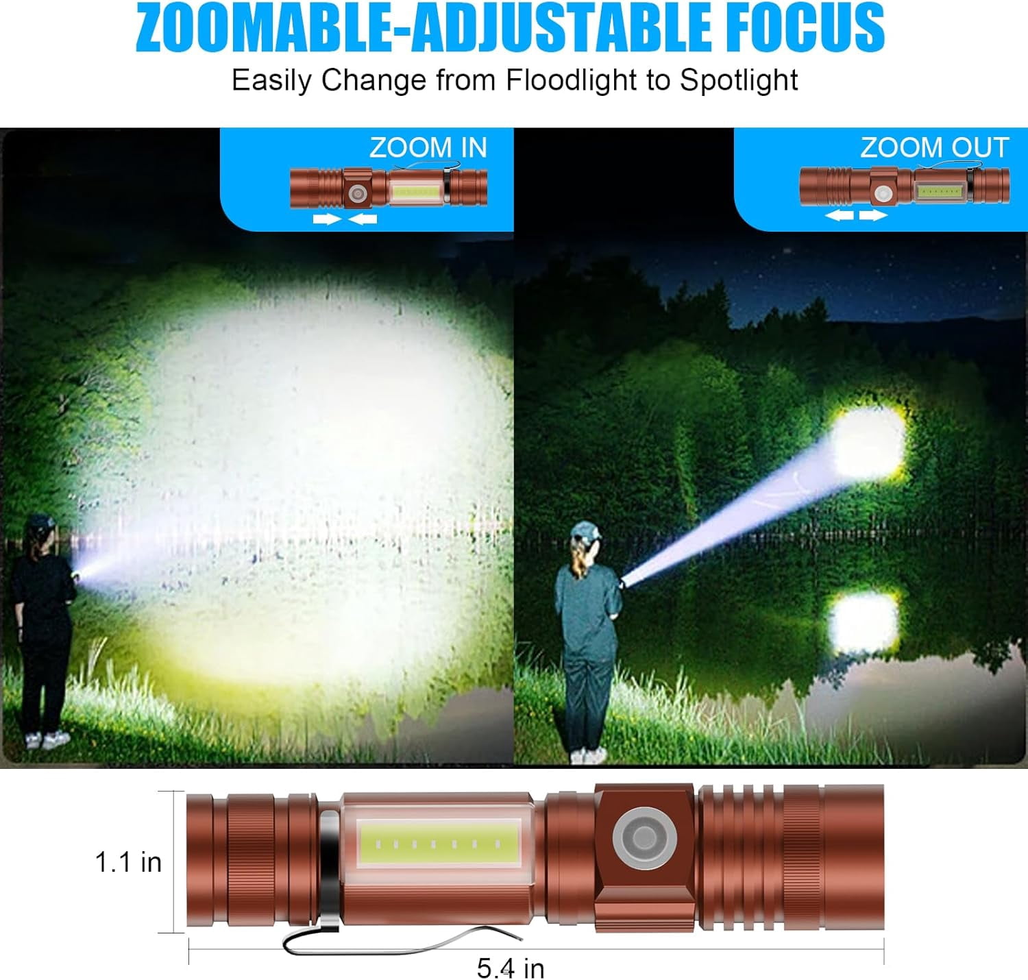 USB Rechargeable Magnetic LED Flashlight – Super Bright, Waterproof, Zoomable, with COB Side Light for Camping & Emergencies (Brown)