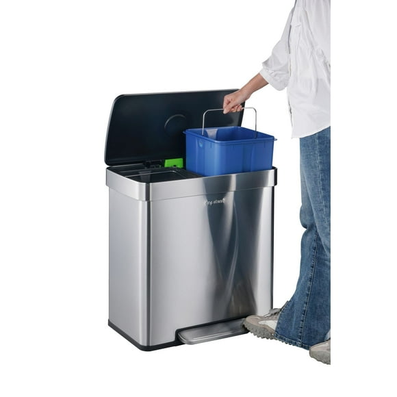 Step N’ Sort 60L Dual Trash & Recycling Bin – 2 x 30L Kitchen Garbage Can, Hands-Free Step Pedal, Soft-Close Lid, Fingerprint-Resistant Stainless Steel
