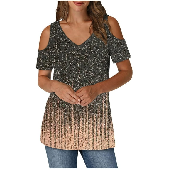 Jamicy Tee Shirts Women Gift for Mother Summer Women Cold Shoulder Tops Casual Loose Hollow Out Short Sleeve T Shirt V Neck Tops Blouses