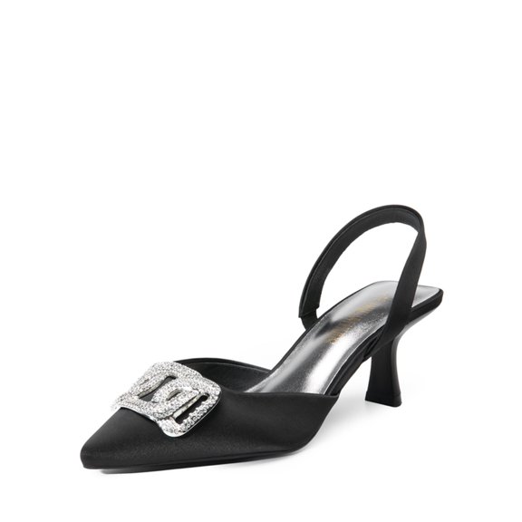 Women’s Rhinestone Buckle Pointed Toe Kitten Heels Satin Heeled Mules