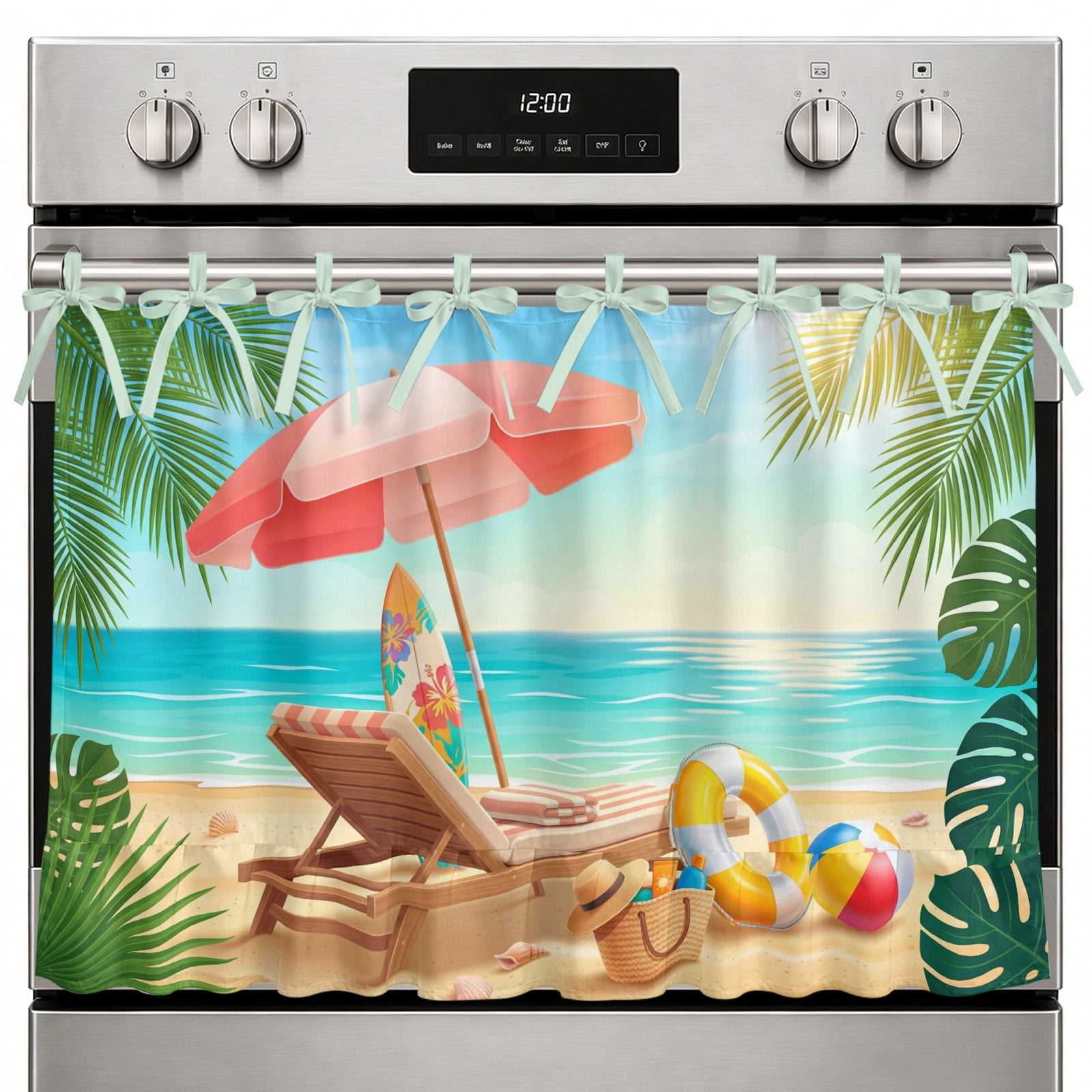 Farmhouse Oven Skirt Curtain Coastal Beach Oven Curtain Tie Top Summer Tropical Ocean Vacation Waves Blue Stove Skirt Curtains with Ties&Ruffle Trim Dishwasher Skirts Curtains for Cabinet 30 x21.5