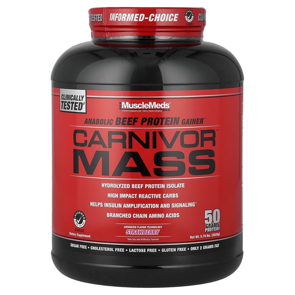 MuscleMeds Carnivor Mass Gainer – 50g Beef Protein Isolate, Clean Carbs – Lactose Free, Sugar Free, Muscle Building Weight Gainer, Strawberry, 6 lb, 14 Servings