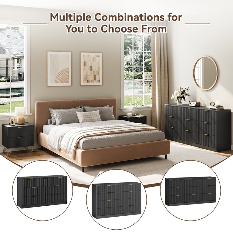 Youtrend 9 Drawer Dresser and Nightstand Sets for Bedroom,3 Piece Bedroom Dresser Set,Fluted Dressers and Nightstands, Modern Bedroom Set, Black