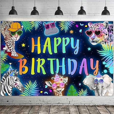 Jungle Animal Birthday Party Backdrop Banner - Safari Animal Theme Neon Leopard Cheetah Indoor/Outdoor Wall Decor for 1st, 2nd, 3rd Birthdays