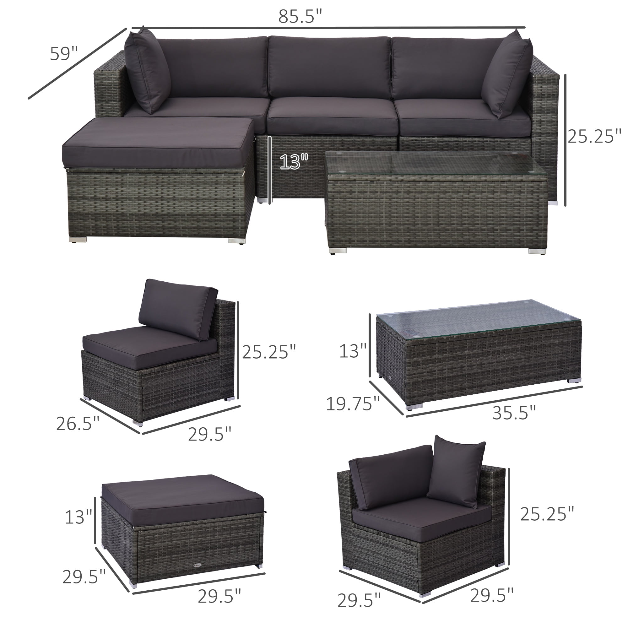 Outsunny 5-Piece Outdoor Sectional Furniture, Patio Sofa Set, PE Wicker Couch, Cushions, Pillows, Ottoman, Coffee Table, Charcoal