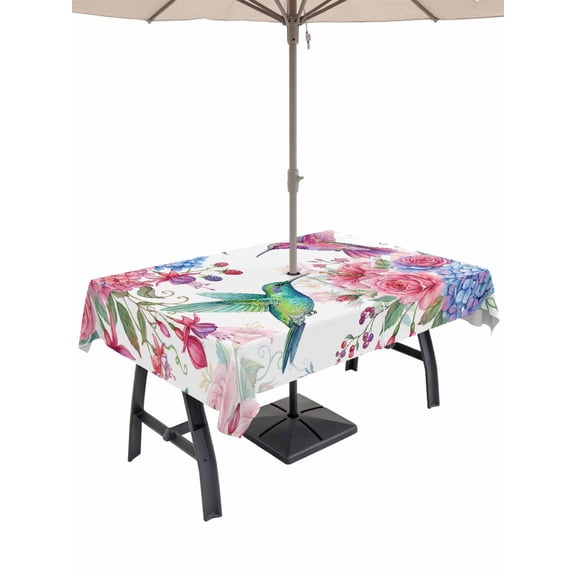 Outdoor Tablecloth with Umbrella Hole for Patio/Picnic/Party/Camping, Pink Spring Floral Waterproof Table Cloth Rectangle Table Cover Washable, Watercolor Birds Farmhouse Elegant (52"x 70")