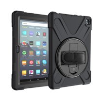Dteck Case For Amazon Fire HD8 10th Generation / Fire HD 8 Plus 2020 Tablet, Heavy Duty Three Layer Rugged Hybrid Shockproof Case with 360 Rotating Stand / Hand Strap, Black