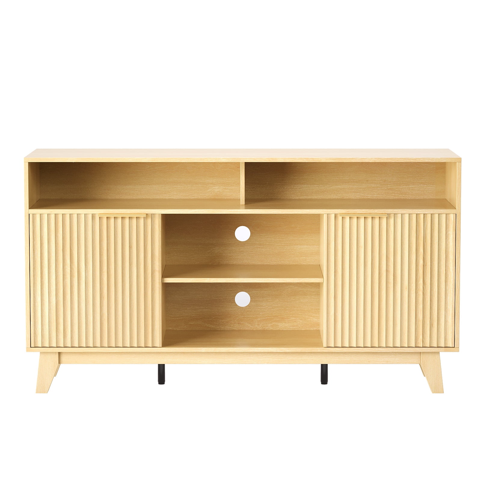 Ktaxon Modern Fluted TV Stand for 55/60/65" TVs, Wood Entertainment Center with 2 Doors and 4 Open Shelves Storage for Living Room, Home, Light Walnut