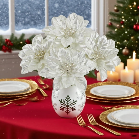 UsRHHA Artificial Poinsettia Christmas Flowers Lifelike, Holiday Decoration Festive Layout DIY Silk Floral Arrangement, Xmas Tree Ornaments